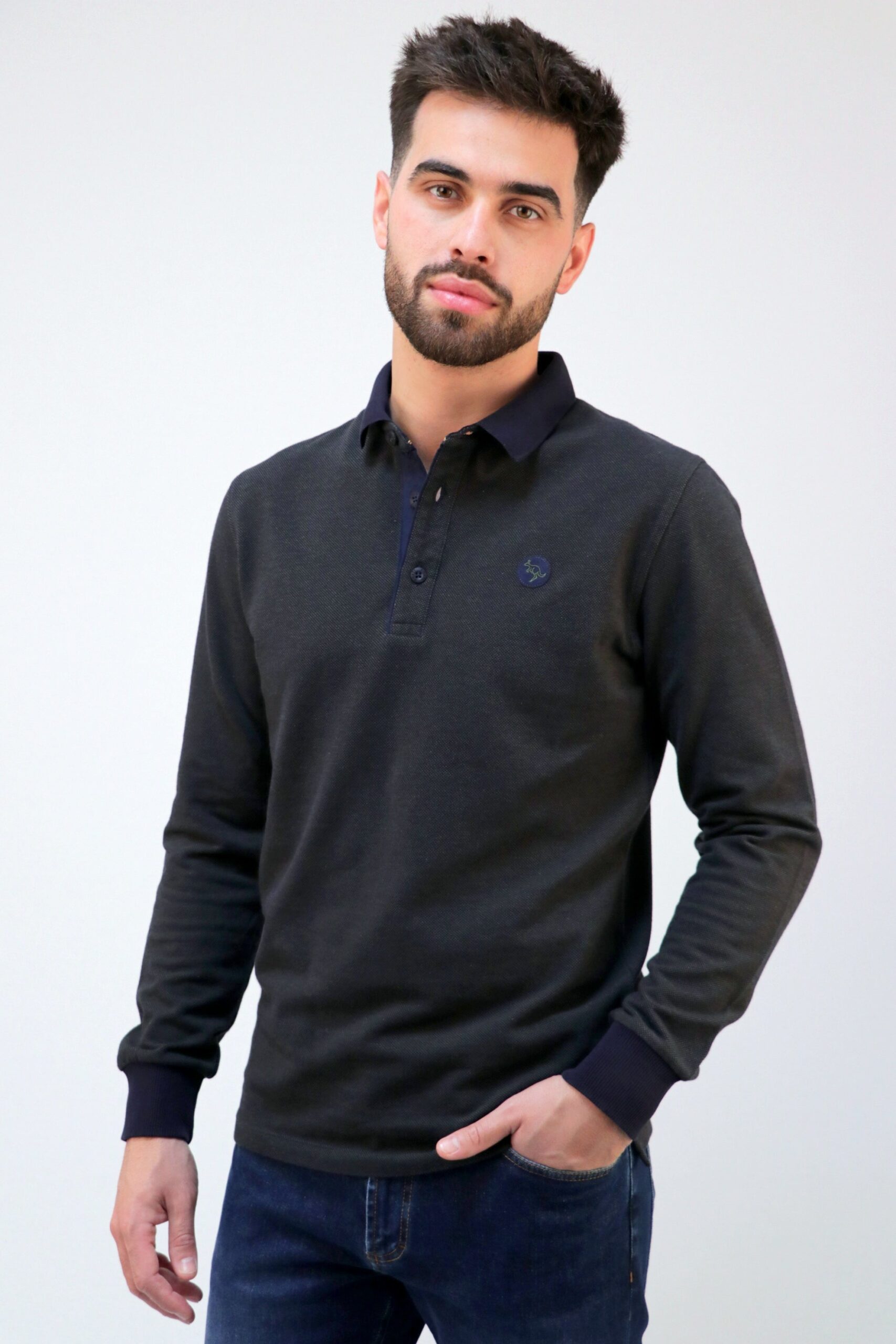 Polo Piqué Vanizado, Manga Comprida Pé de Gola com Gola Máq. Recta
