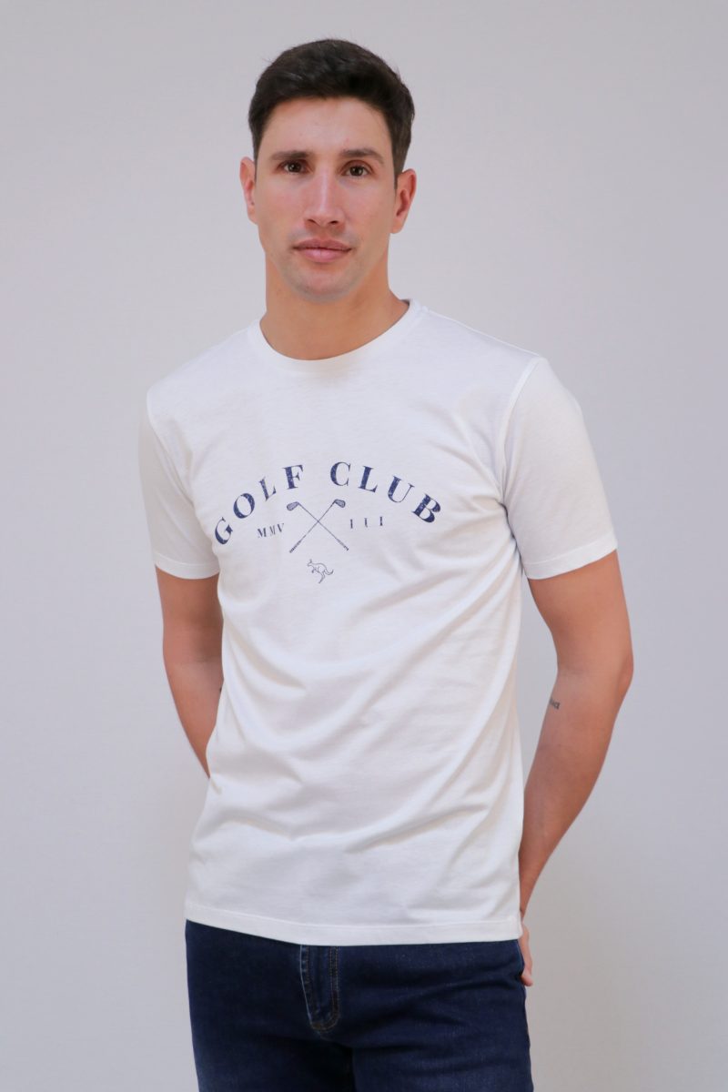 T-Shirt Jersey Estampada Com Decote Em Ribe